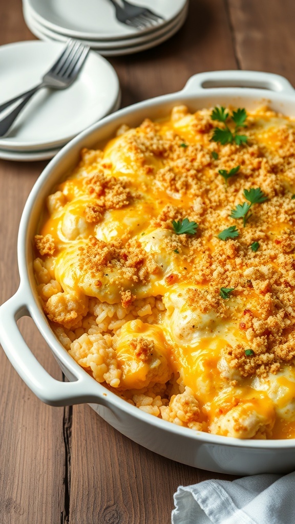 Cheesy chicken and rice casserole in a baking dish, garnished with parsley, ready to serve.